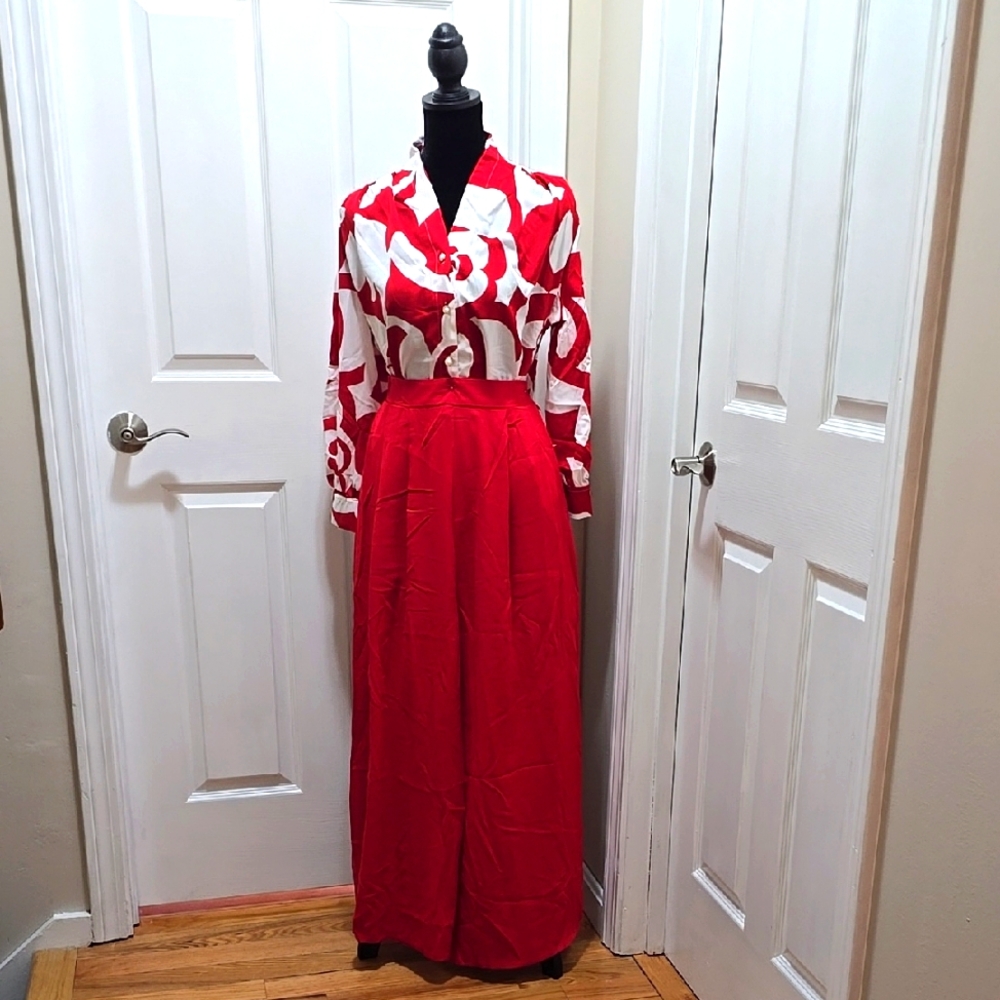 NWT Red and White Long Sleeve Wide Leg Pants Set